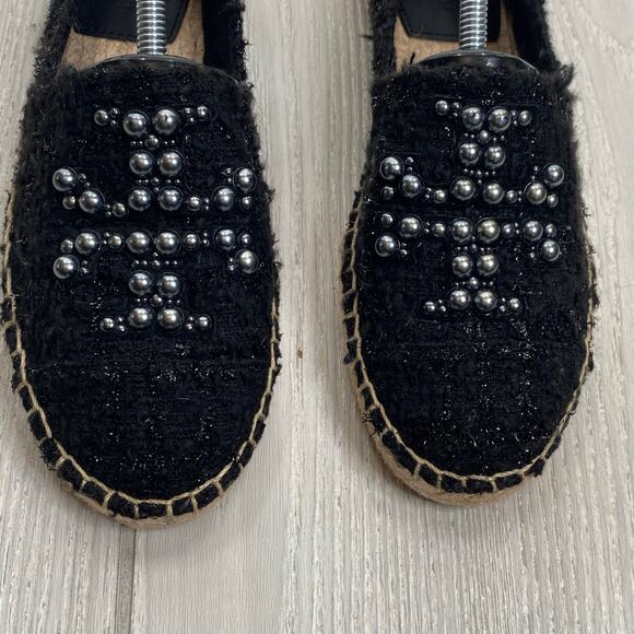 Tory Burch Womens Black Willa Tweed Pearl Logo Espadrille Slip On Flats Size 7.5 - Picture 5 of 10